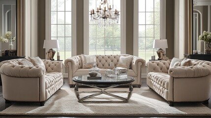 Elegant beige tufted sofa set in a luxurious living room.