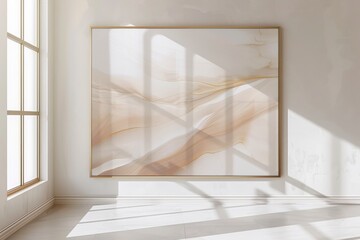 Large framed painting of a beach scene with a light blue sky and a white wall