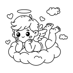 Vector illustration of adorable dreamy Cupid resting on a cloud. Perfect for Valentine's Day designs and coloring pages
