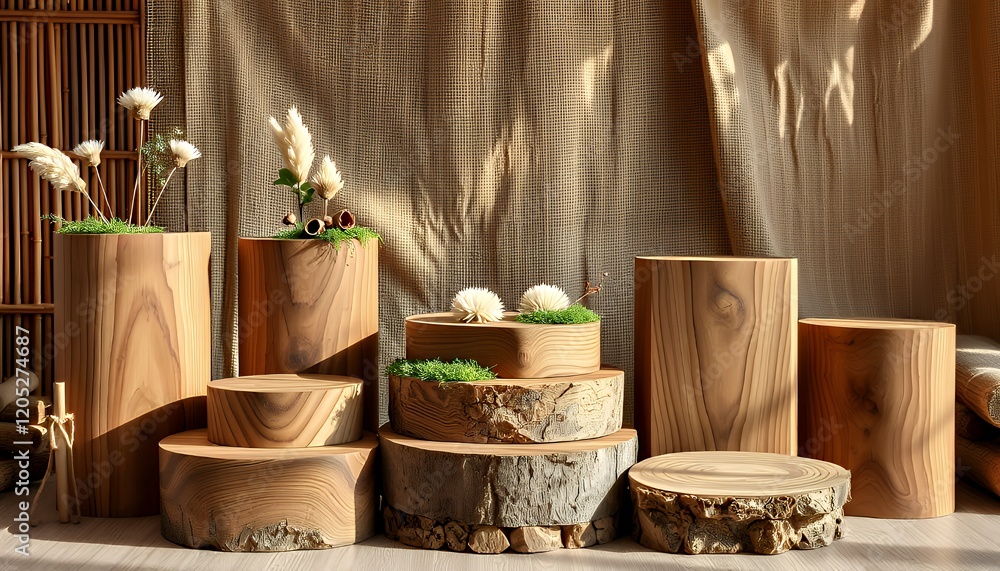 Poster rustic wooden podiums and display stands for product promotion and photography with natural light an