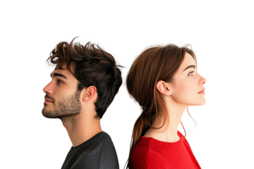 A thoughtful couple stands back to back, contemplating their thoughts and emotions. Their profile shows a moment of introspection and connection.