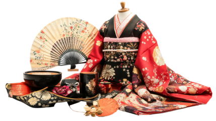 A traditional Japanese kimono adorned with intricate patterns, accompanied by decorative elements like a fan, bowl, and cup, reflecting rich cultural heritage.