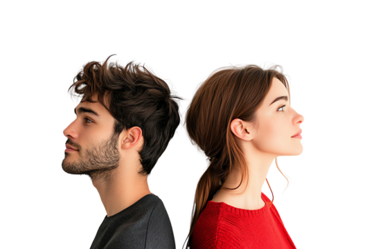 A thoughtful couple stands back to back, contemplating their thoughts and emotions. Their profile shows a moment of introspection and connection.