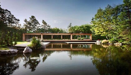 Obraz premium Contemporary wooden lake house with large glass windows, blending seamlessly into a tranquil natural landscape