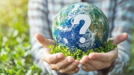 Hands holding Earth with question mark. Illustrates environmental concerns, global challenges, and sustainability questions.