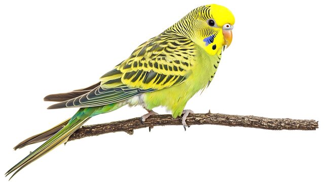 A bright green parakeet perched on a twig on a white background