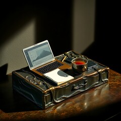 Laptop, tea, notebook on antique-style tray.