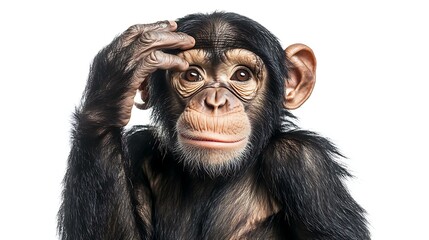 Naklejka premium A close-up of a chimpanzee gazing thoughtfully on a white background