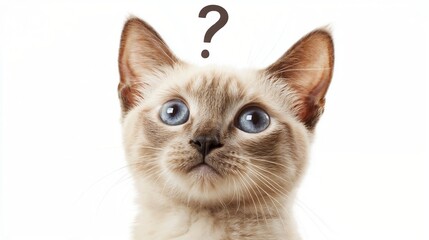 Siamese cat with questioning expression on white background. Represents curiosity, pet personality, and animal behavior concepts.