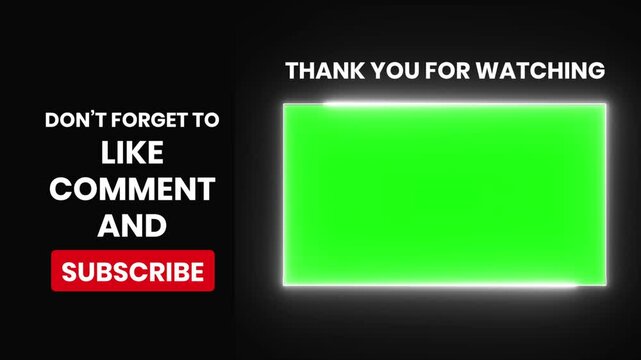 Animated end screen with green screen background.  Perfect for YouTube, social media, or any video project.  Includes Like, Comment, Subscribe call to action.
