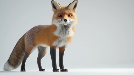 A detailed shot of a red fox standing alert on a clean white surface