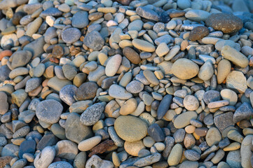 Natural mosaic of smooth pebbles glistening in the sunlight along a tranquil riverside