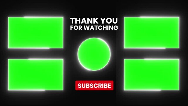 Animated end screen with green screen placeholders for customizable logos and text.  Perfect for YouTube, Twitch, and more. Thank you and subscribe message included.