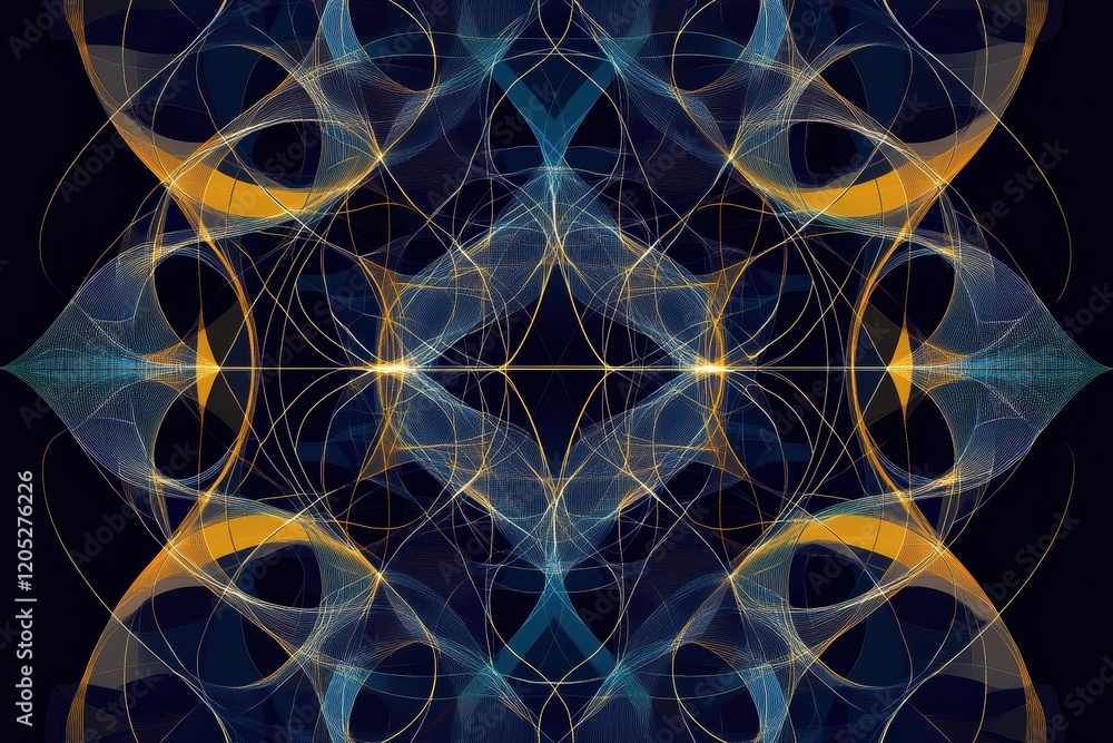 Poster complex geometric patterns in blue and gold tones create a mesmerizing visual effect on a dark backg