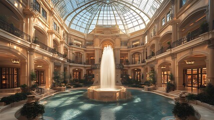 Luxurious indoor fountain, shopping mall atrium, sunlight, elegance, travel