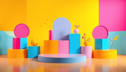 Vibrant Colorful Geometric Podium Display for Product Promotion and Marketing. Modern 3D Rendered Abstract Background with Pastel and Bright Colors, Ideal for Advertising and Showcase