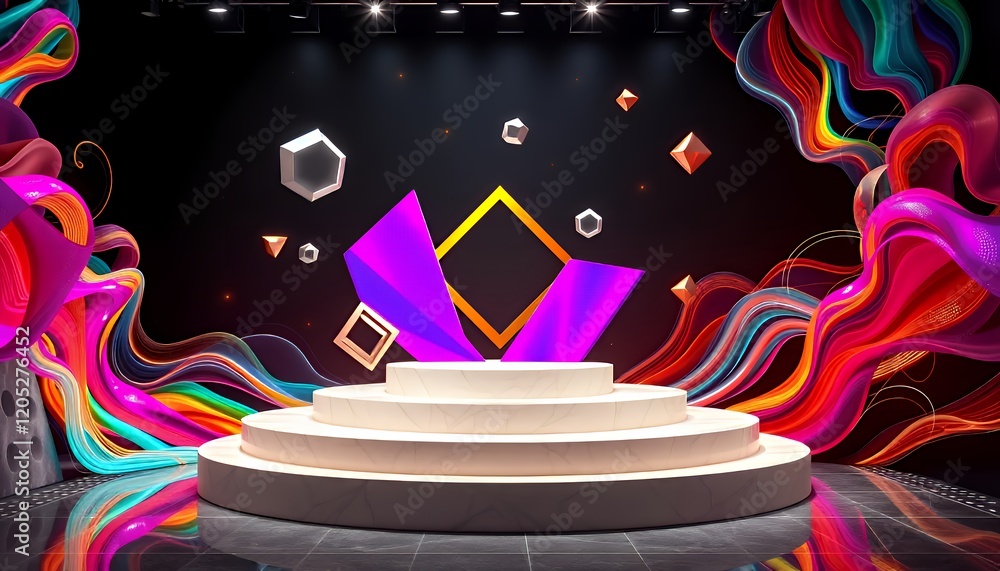 Poster vibrant colorful podium display stage for promotion with abstract geometric shapes and dynamic rainb