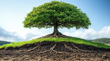 Obraz premium Majestic tree with exposed roots on a hill.