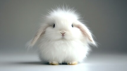 A fluffy white rabbit with long ears sitting on a clean white surface