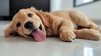 A golden retriever puppy lying on its side with its tongue out on a white surface