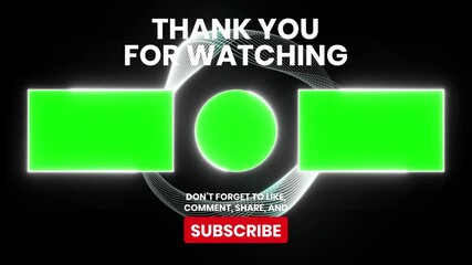 Modern and sleek end screen animation with green screen placeholders for customizable text or logos. Perfect for YouTube, social media, and video projects.  Includes subscribe button.