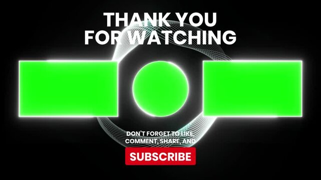 Modern and sleek end screen animation with green screen placeholders for customizable text or logos. Perfect for YouTube, social media, and video projects.  Includes subscribe button. - Powered by Adobe