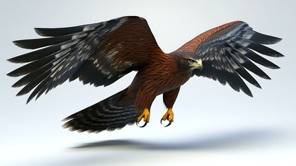 Obraz premium A high-resolution shot of a hawk in mid-flight on a white background