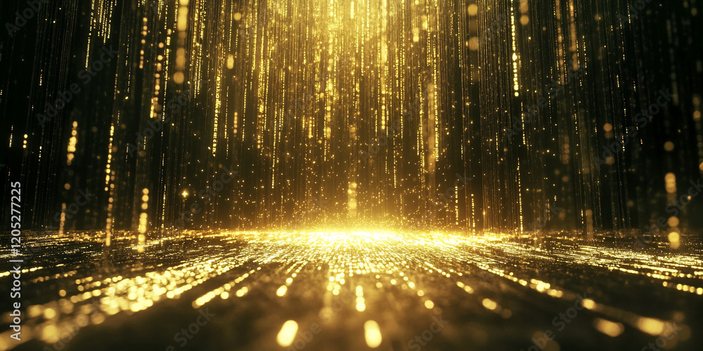 Poster abstract golden digital data stream with glowing particles and light effects