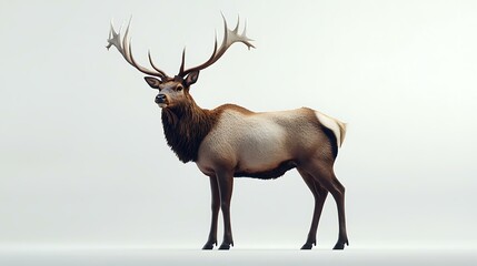 A majestic elk with large antlers standing on a white surface