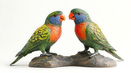 Obraz premium A pair of colorful lorikeets perched side by side on a white background