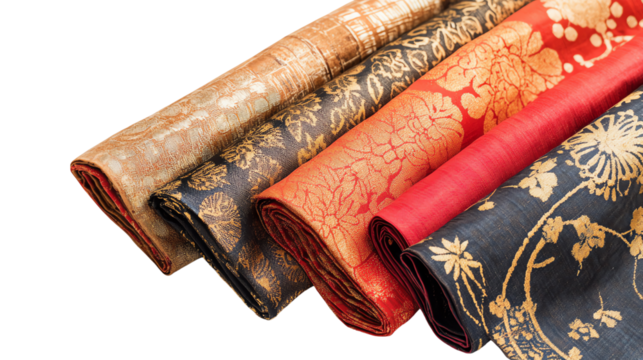 A vibrant collection of luxurious fabric rolls showcasing intricate gold patterns, perfect for fashion or interior design inspiration.