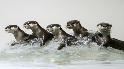 A playful group of otters swimming together on a white surface