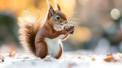 A red squirrel holding an acorn on a clean white surface