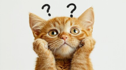 Curious cat with question marks in playful pose. Perfect for pet personality and animal behavior concepts.