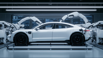 Fototapeta premium -Automated Car Assembly Line with Robotic Arms Working on White Sports Car in Modern Factory Warehouse – High-Tech Manufacturing Process Depiction