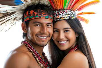 A vibrant portrait of a happy young couple adorned with traditional headdresses, showcasing rich cultural heritage and unity in diverse identities.