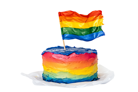 A vibrant rainbow cake topped with a colorful pride flag, celebrating diversity and love. Perfect for LGBTQ+ events, parties, and special occasions.