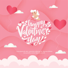 Cute Happy Valentine's Day 2025 Handwritten Text Lettering with Cupid Skying on the Cloud Background.  Valentine's Day Greeting with 3D Pink Background. Vector Illustration