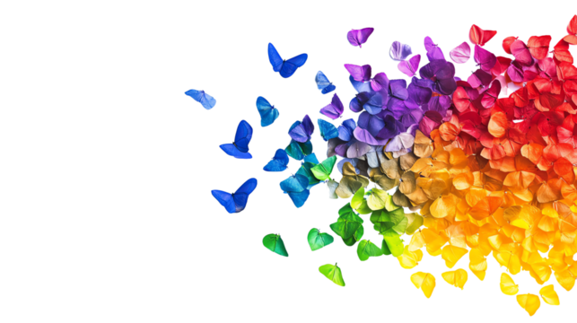 A vibrant splash of colorful butterfly silhouettes, representing transformation and freedom, creating an artistic blend of nature and creativity.