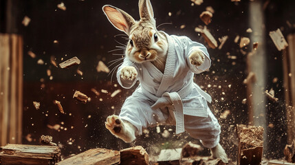 Karate rabbit breaking wooden planks, martial arts action shot