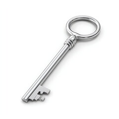 3D render of a simple silver key on a white background.