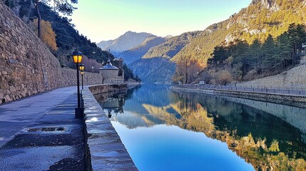 Calm mountain lake reflection, autumn, path, lamppost