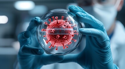 A scientist in gloves holds a transparent sphere containing a 3D representation of a virus, illustrating advanced research in virology.