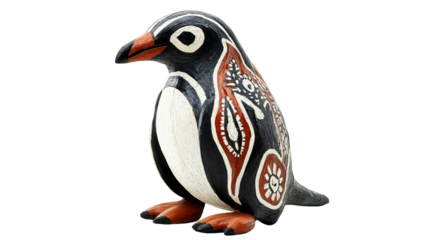 Artistic representation of a traditional ceramic penguin figurine featuring intricate patterns and vibrant colors, showcasing cultural craftsmanship.