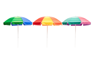 Colorful beach umbrellas stand aligned, offering shade and vibrant aesthetics. Perfect for summer vibes, outdoor gatherings, and beach relaxation.