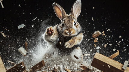 Energetic karate rabbit smashing wood in an intense martial arts action shot