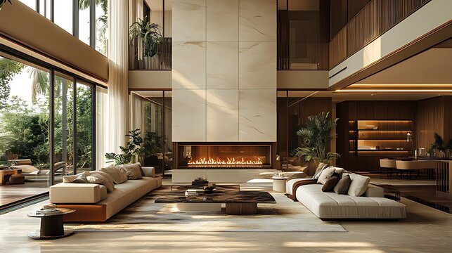 Modern luxury home living room fireplace sunlight tropical view