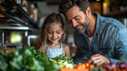 Fototapeta premium Father and daughter enjoying cooking together with fresh vegetables in kitchen