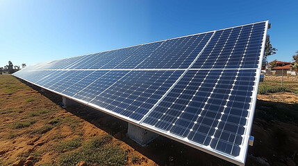 Solar panel array installed on desert terrain under clear blue sky, capturing renewable energy. Sustainable power generation technology in natural setting