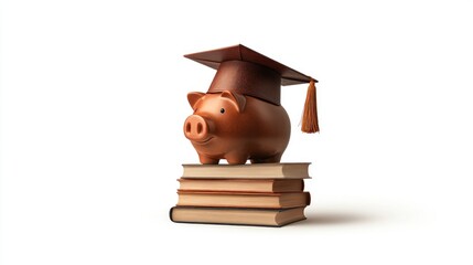 A piggy bank wearing a graduation cap atop books, symbolizing financial education and success.